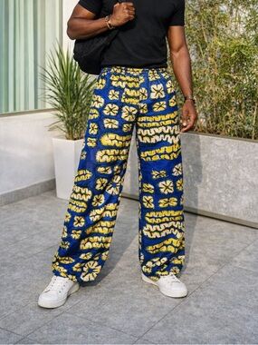 Ankara Print Silk Wide Leg Pants Unisex Blue Yellow Wax Print Palazzo Pants